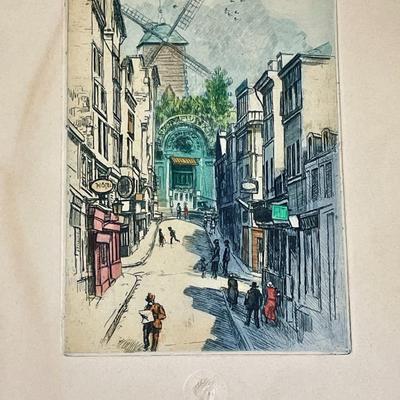 Four Paris etchings, unframed