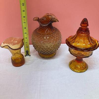 Sale Photo Thumbnail #292: 3 pieces of vintage amber glass: 1 large vase, 1 small vase, 1 candy dish