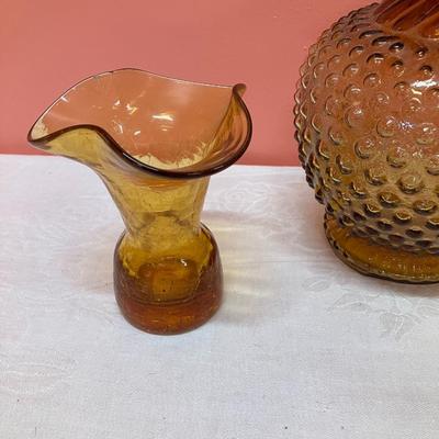 Sale Photo Thumbnail #295: 3 pieces of vintage amber glass: 1 large vase, 1 small vase, 1 candy dish