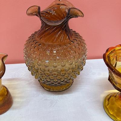 Sale Photo Thumbnail #294: 3 pieces of vintage amber glass: 1 large vase, 1 small vase, 1 candy dish