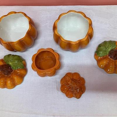 Sale Photo Thumbnail #297: 3 small ceramic pumpkin bowl/jars