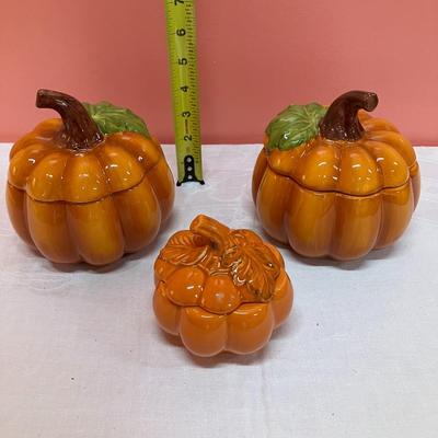 Sale Photo Thumbnail #296: 3 small ceramic pumpkin bowl/jars