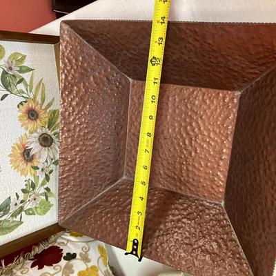Sale Photo Thumbnail #302: Lot of fall decor items: 1 pillow, 1 wooden sign, 1 ceramic serving bowl, 1 large copper decor bowl