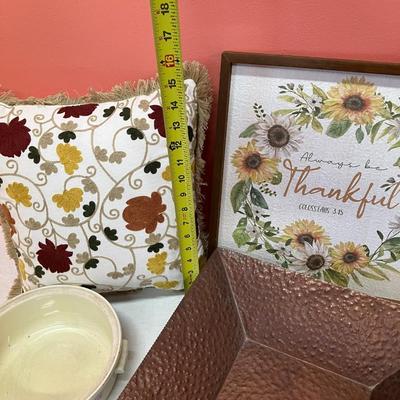Sale Photo Thumbnail #304: Lot of fall decor items: 1 pillow, 1 wooden sign, 1 ceramic serving bowl, 1 large copper decor bowl