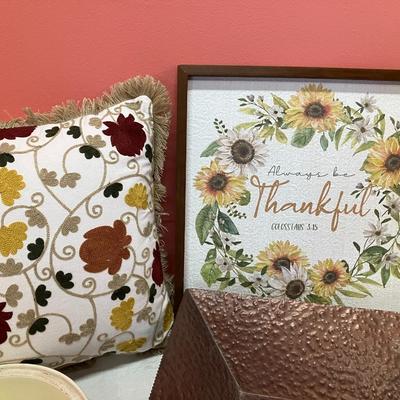 Sale Photo Thumbnail #301: Lot of fall decor items: 1 pillow, 1 wooden sign, 1 ceramic serving bowl, 1 large copper decor bowl