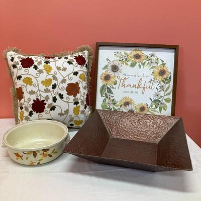 Sale Photo Thumbnail #298: Lot of fall decor items: 1 pillow, 1 wooden sign, 1 ceramic serving bowl, 1 large copper decor bowl