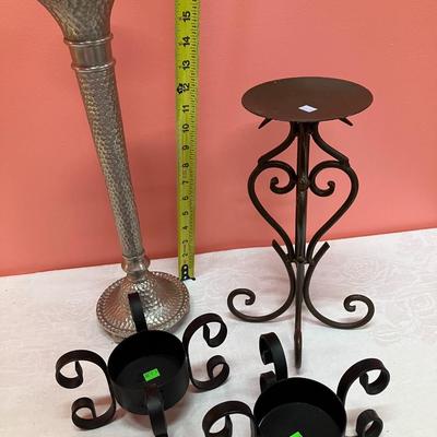 Sale Photo Thumbnail #306: 4 assorted finish/size metal candlesticks