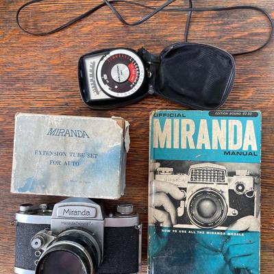 Vintage Miranda 35mm film camera, lens and light meter