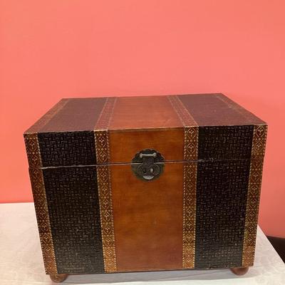 Sale Photo Thumbnail #347: Small wooden/metal velvet lined trunk. 17"H x 21"W x 15"D