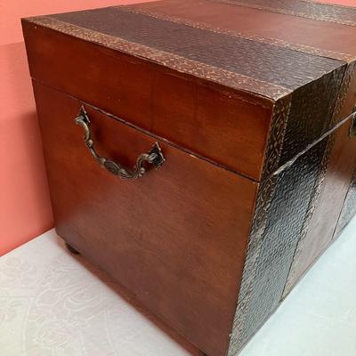 Sale Photo Thumbnail #348: Small wooden/metal velvet lined trunk. 17"H x 21"W x 15"D