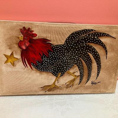 Sale Photo Thumbnail #356: 1 piece of farmhouse rooster artwork, canvas piece on wooden frame: 20"W x 12"H