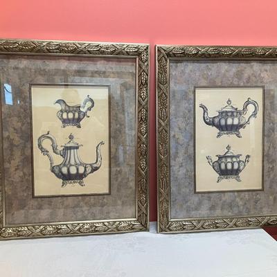 Sale Photo Thumbnail #359: 2 pieces of large framed teapot artwork. Each piece is 32.5"H x 26"W