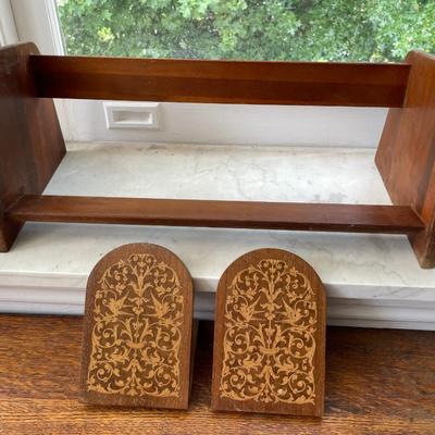 Vintage wooden book rack and set of inlay folding book ends