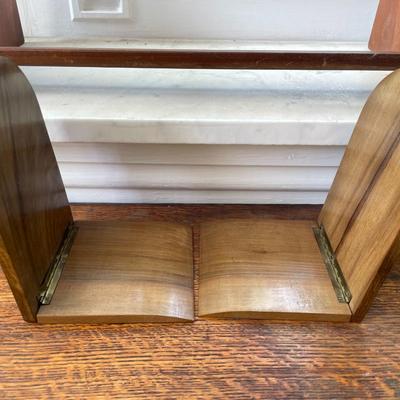Vintage wooden book rack and set of inlay folding book ends