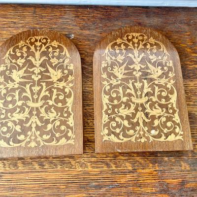 Vintage wooden book rack and set of inlay folding book ends