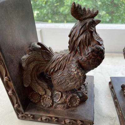 Pair of carved wood rooster bookends