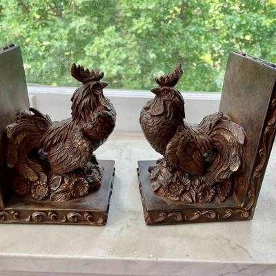 Pair of carved wood rooster bookends
