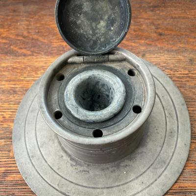 Trio of vintage pewter boxes and ink well