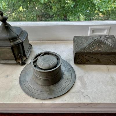 Trio of vintage pewter boxes and ink well
