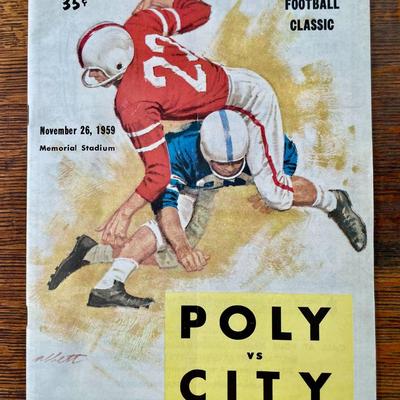 Vintage 1969 Washington Redskins metal trash can + 1959 Poly Vs City football program