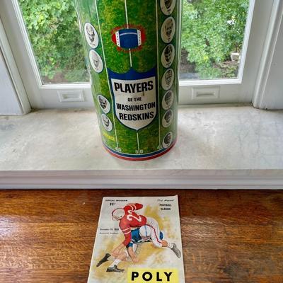 Vintage 1969 Washington Redskins metal trash can + 1959 Poly Vs City football program