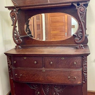 Victorian 2pc carved oak mirrored buffet/sideboard on casters