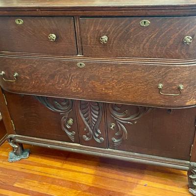 Victorian 2pc carved oak mirrored buffet/sideboard on casters