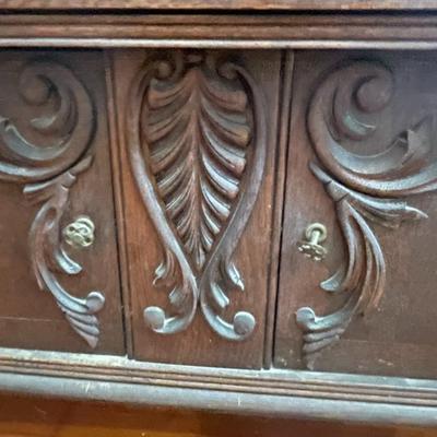 Victorian 2pc carved oak mirrored buffet/sideboard on casters