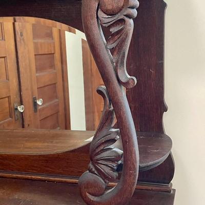 Victorian 2pc carved oak mirrored buffet/sideboard on casters