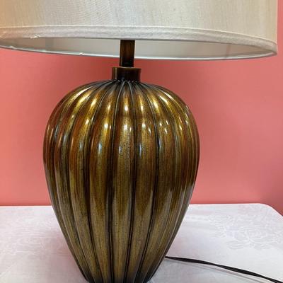 Sale Photo Thumbnail #379: 29" tall bronze round table lamp with light cream sateen shade