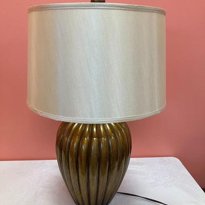 Sale Photo Thumbnail #377: 29" tall bronze round table lamp with light cream sateen shade