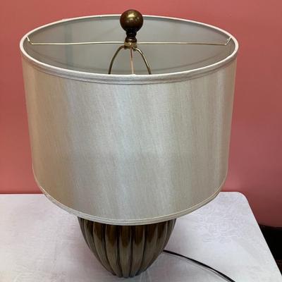 Sale Photo Thumbnail #378: 29" tall bronze round table lamp with light cream sateen shade