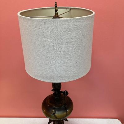 Sale Photo Thumbnail #392: Very unique bronze electrified oil lamp/table lamp. 35" tall. Great condition!
