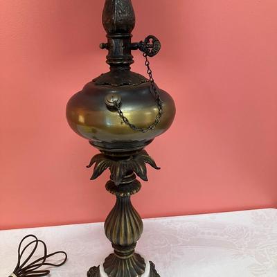 Sale Photo Thumbnail #390: Very unique bronze electrified oil lamp/table lamp. 35" tall. Great condition!
