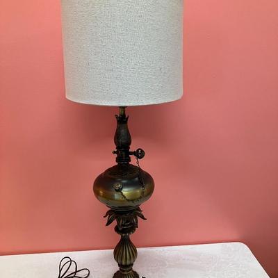Sale Photo Thumbnail #389: Very unique bronze electrified oil lamp/table lamp. 35" tall. Great condition!