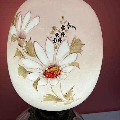 Sale Photo Thumbnail #404: Beautiful vintage 27" tall electrified parlor/hurricane lamp with hand painted globes. No chips/cracks. Excellent condition!!