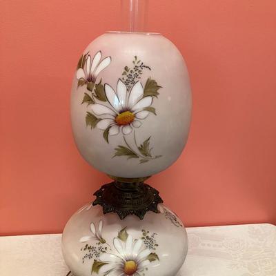 Sale Photo Thumbnail #405: Beautiful vintage 27" tall electrified parlor/hurricane lamp with hand painted globes. No chips/cracks. Excellent condition!!
