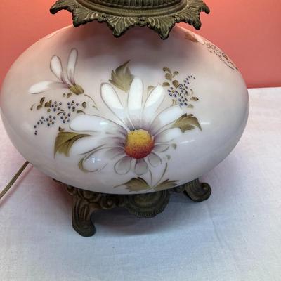 Sale Photo Thumbnail #403: Beautiful vintage 27" tall electrified parlor/hurricane lamp with hand painted globes. No chips/cracks. Excellent condition!!