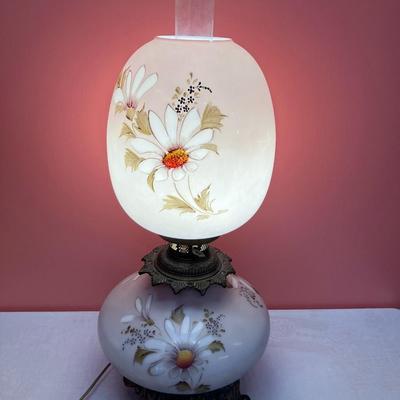 Sale Photo Thumbnail #402: Beautiful vintage 27" tall electrified parlor/hurricane lamp with hand painted globes. No chips/cracks. Excellent condition!!