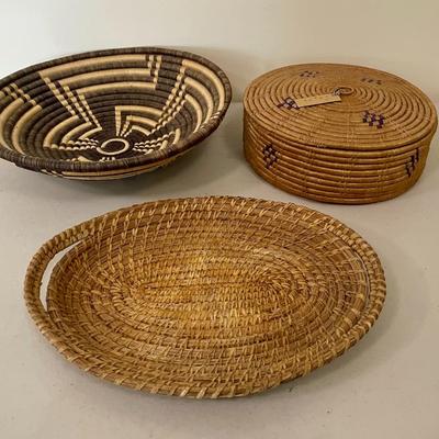 Trio of vintage hand-woven Gullah, Pima sweetgrass baskets