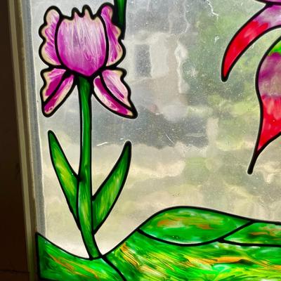 Vintage stained glass rooster and sun window