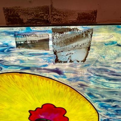 Vintage stained glass rooster and sun window