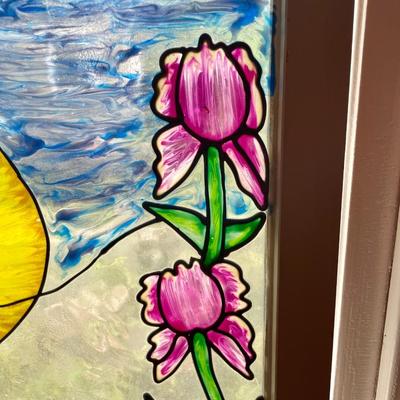 Vintage stained glass rooster and sun window
