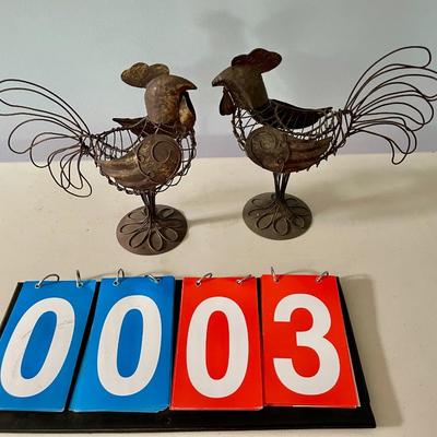 Pair of metal rooster candle holders