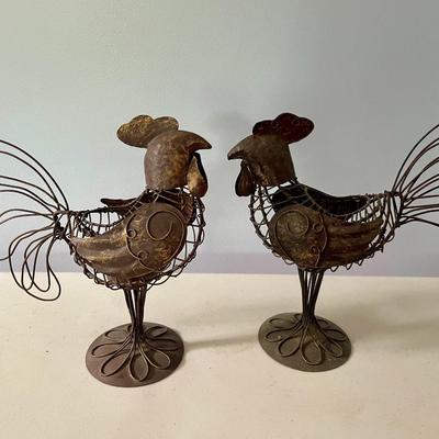 Pair of metal rooster candle holders
