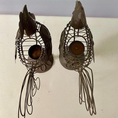 Pair of metal rooster candle holders