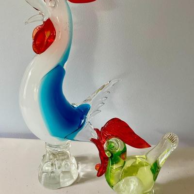 Pair of blown glass roosters