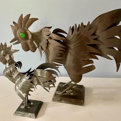 Pair of cut metal roosters