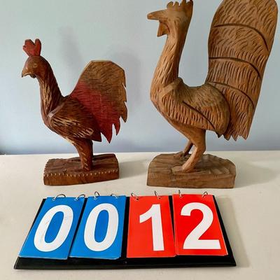 Pair of carved wooden roosters
