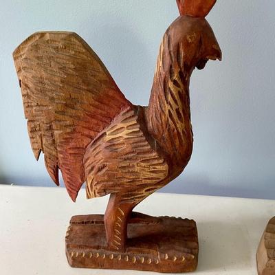 Pair of carved wooden roosters